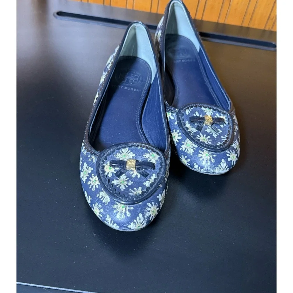 Tory Burch Reva Floral Print Ballet Flats Daisy Leather Women's Size 7 Logo